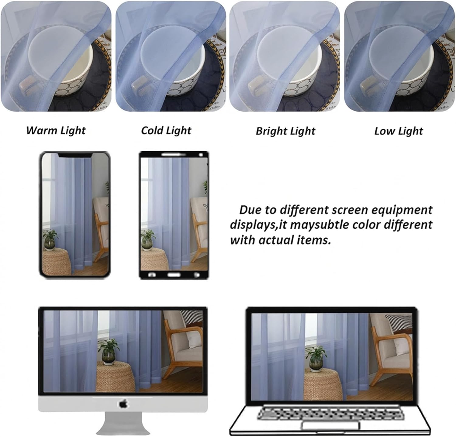 Detalle 2 de Chyhomenyc Sheer Curtains 2-Panel Set (42W x 63L) Denim Blue, Rod Pocket Light Filtering Drapes