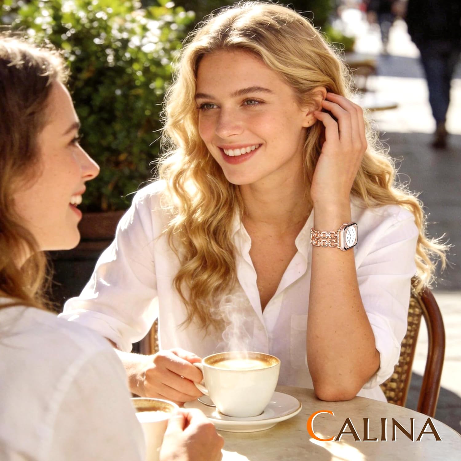 Detalle de Calina Metal Strap for Apple Watch — Luxury Diamond Accent, 5.3–7.5in Wrist Range, 38–49mm/Series Compatible
