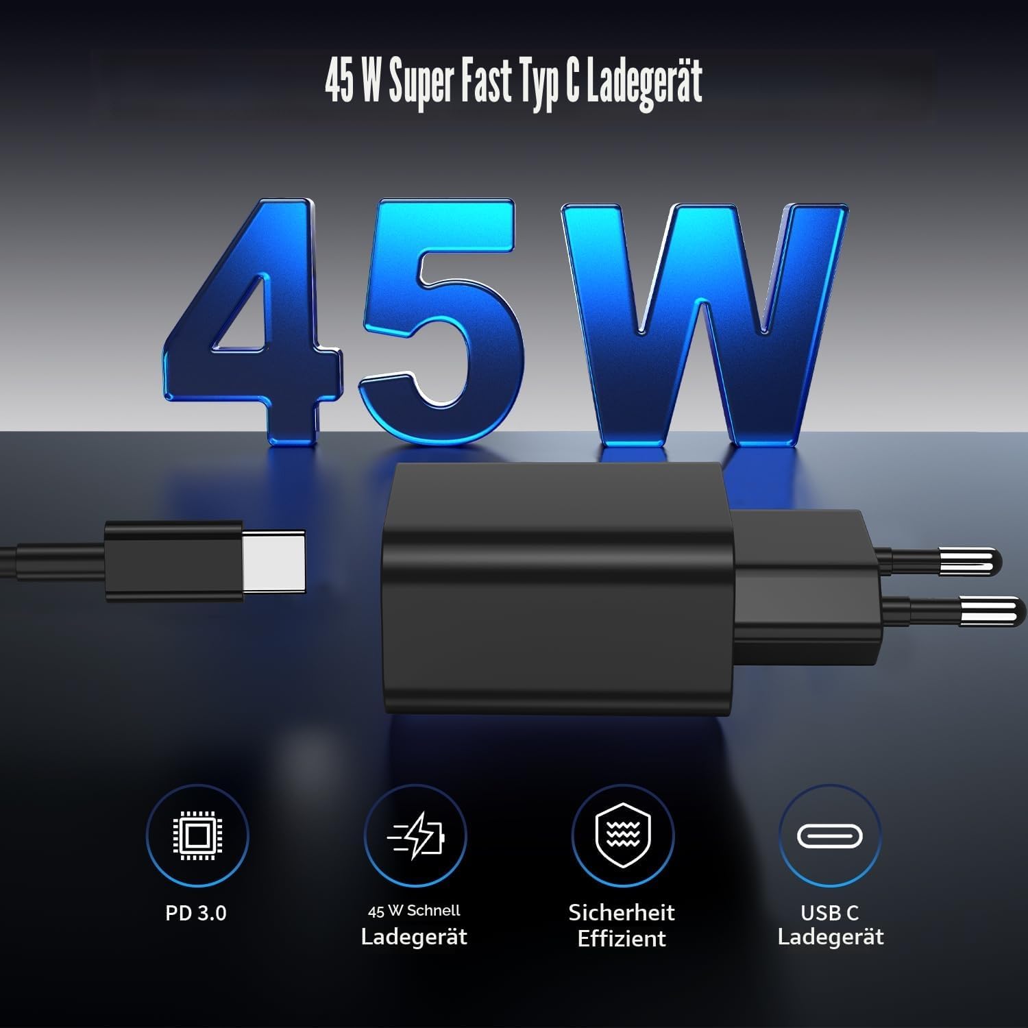 Detalle de 45W USB-C Schnellladegerät mit 2 Ports und Kabelset für Samsung Galaxy (S26/S25/S24/S23/Ultra) – Netzteil + 1m & 2m Kabel