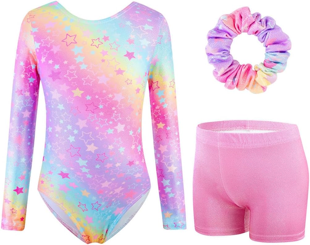 Thumbnail 3 de XiaoMoSha Girls Three-Piece Gymnastics Leotards Set: Long Sleeve Leotard, Shorts & Hairband (3–12 Years)