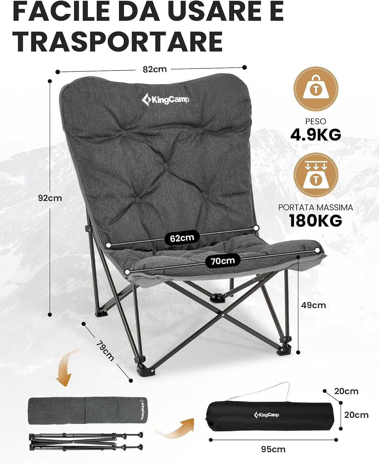 Thumbnail 1 de KingCamp Sedia Pieghevole Ergonomica: comfort premium per outdoor e casa