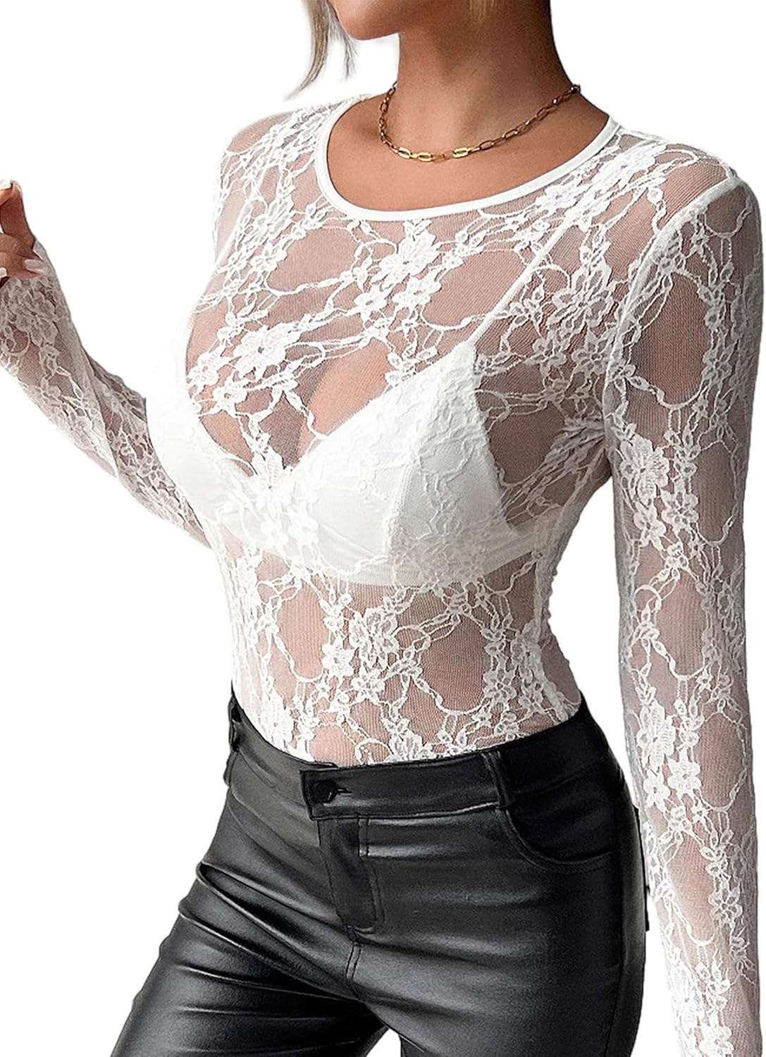 Detalle de OFEEFAN Women's Floral Lace Mesh Top, Long Sleeve Crewneck, Slim Fit