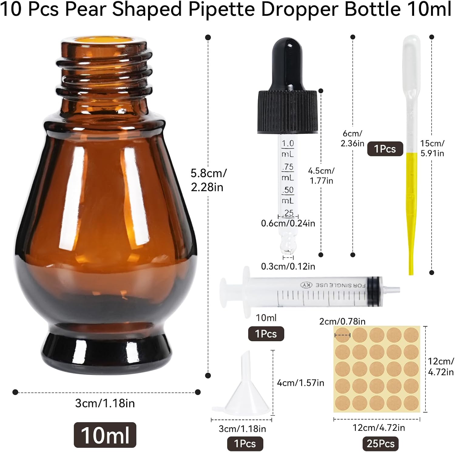 Thumbnail 1 de Nadisean 10ml Pear Shaped Amber Glass Dropper Bottles (10 Pack) with Accessories