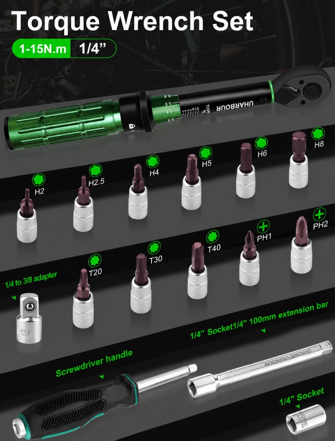 Thumbnail 1 de Uharbour 3/8" Torque Wrench Set (5–60 Nm) with Extension Bar, Adapters & Dual Direction Ratchet