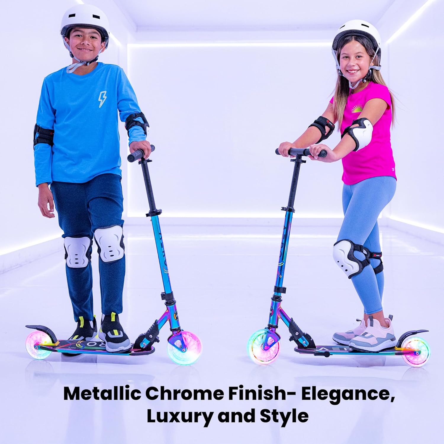 Detalle 2 de Aero Chrome Kids Kick Scooter (Ages 5–8) with Dynamic Lights, Hand Brake & Height-Adjustable Foldable Frame