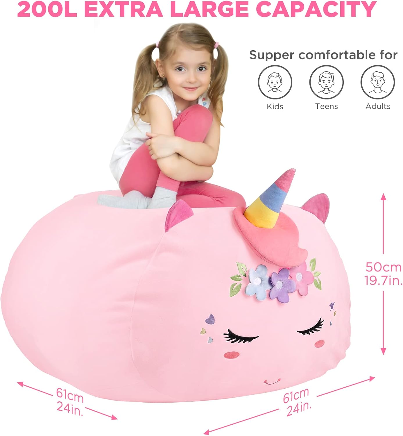 Thumbnail 1 de GAGAKU Pouf di peluche a forma di unicorno XXL 60x60 cm – rosa, 200 l, solo fodera