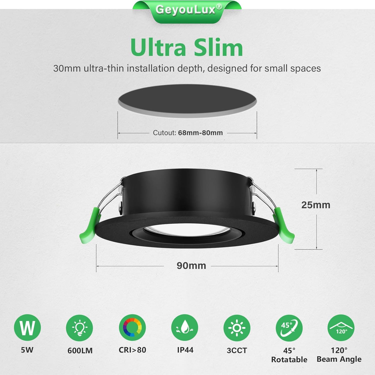 Thumbnail 1 de GeyouLux LED-Einbaustrahler 230V Dimmbare 3CCT, 5W, IP44 – 6er Set Schwarz