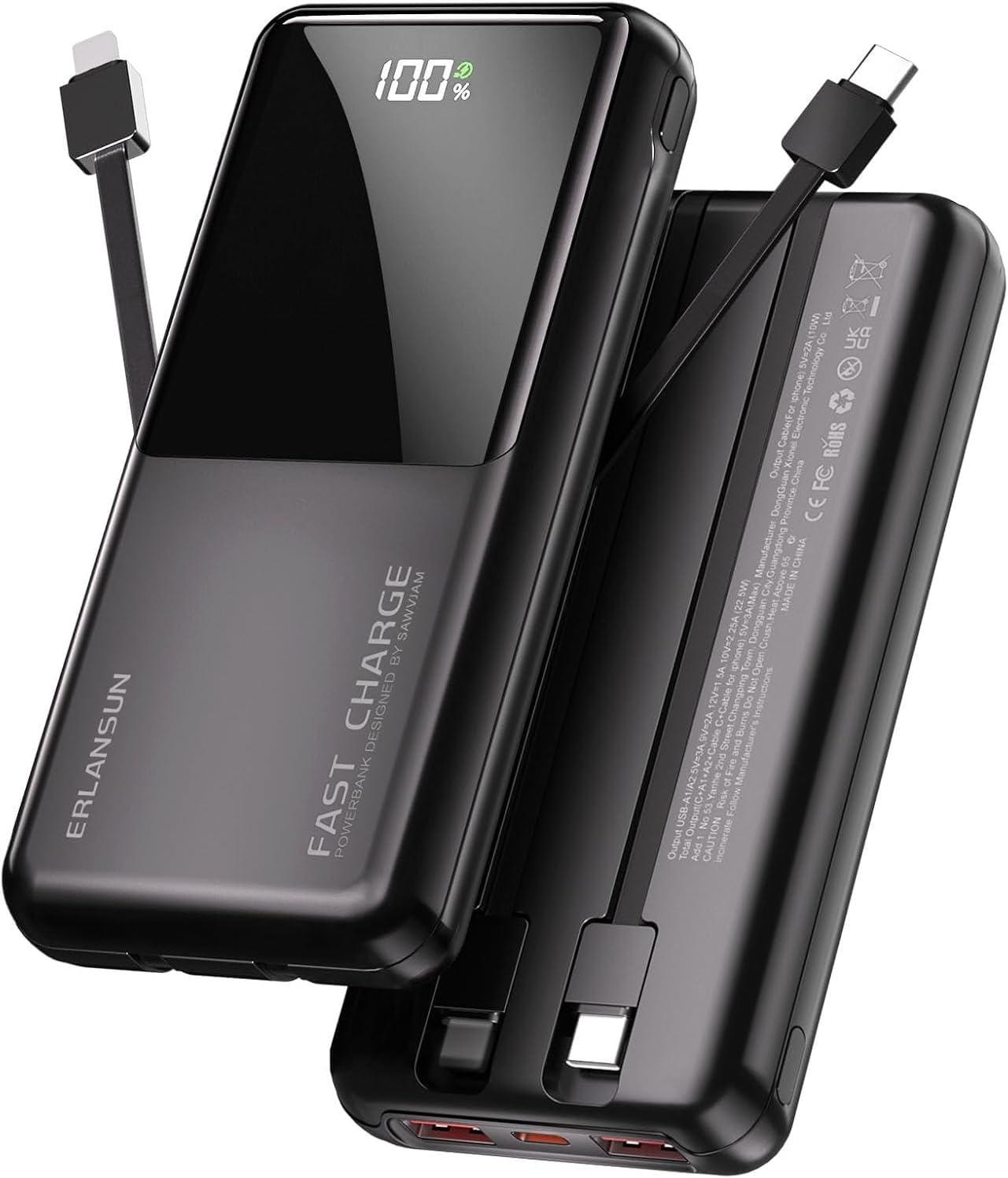 Detalle de Power Bank Fast Charging 20000mAh by Yixiugo – 22.5W Portable Charger with Built-in Cables and LCD