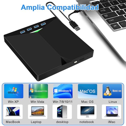 Detalle de Dictien Lector CD/DVD externo 9 en 1 para PC con USB 3.0 y USB-C portátil (CD-ROM/-RW, DVD-ROM/-RW)