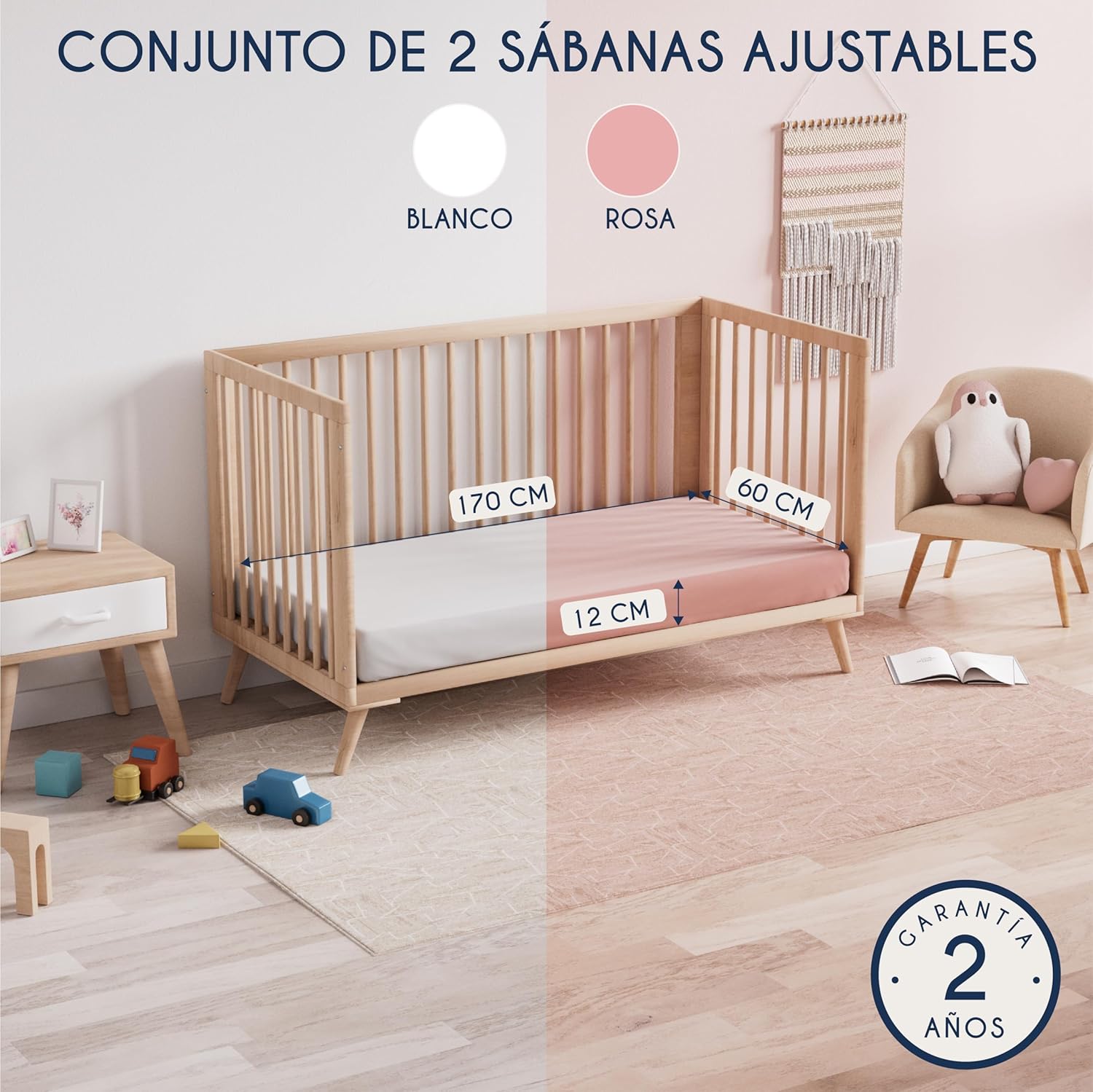 Thumbnail 1 de Sábanas Cuna 70x140 Ajustables - Oeko Tex - Blanco y Rosa