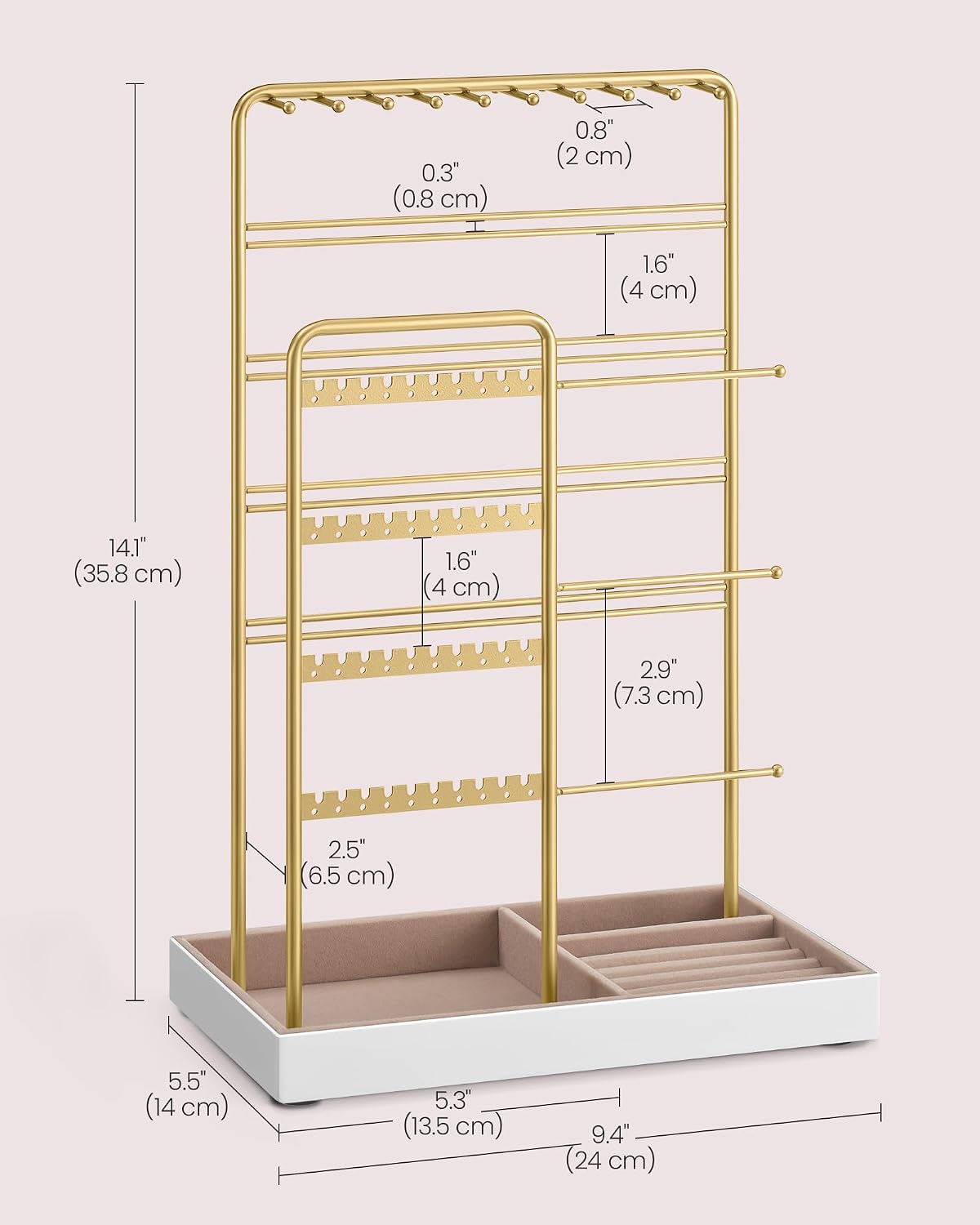 Detalle de SONGMICS CAELEY JJS028A01 Jewellery Stand with Velvet Tray, Pale Gold