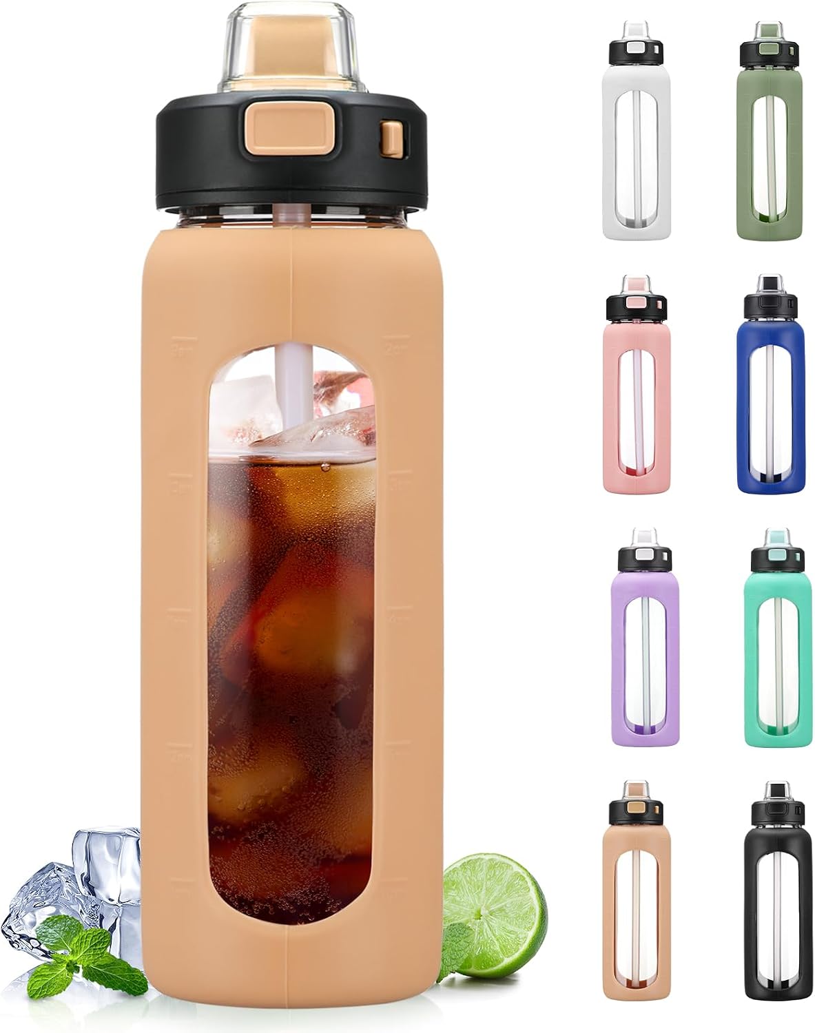 Detalle de BLUEGO 700 ml Bouteille d’eau en verre avec poignée, paille et manchon en silicone – marqueur de temps anti-fuite