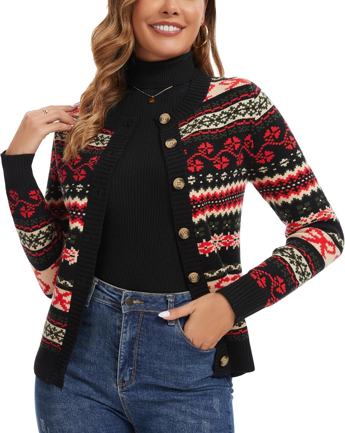 Detalle de Enjyam Damen Strickjacke Elegant Langarm Rundhals Cardigan – Norweger Muster, Weiche Viskosemischung