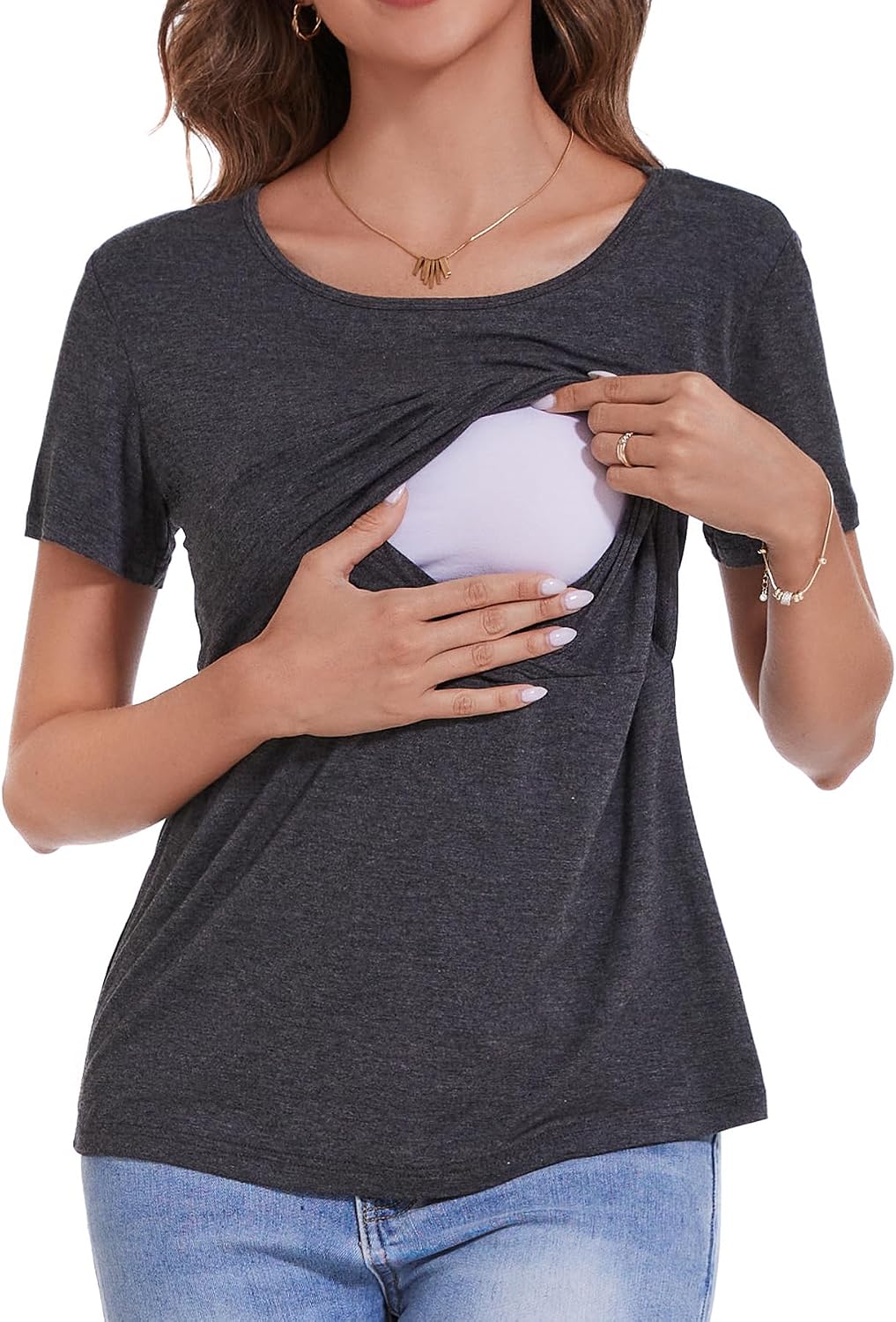Detalle de Sosolism Women’s Maternity & Nursing Tops (3-Pack) – Short Sleeve Nursing T-Shirts for Breastfeeding