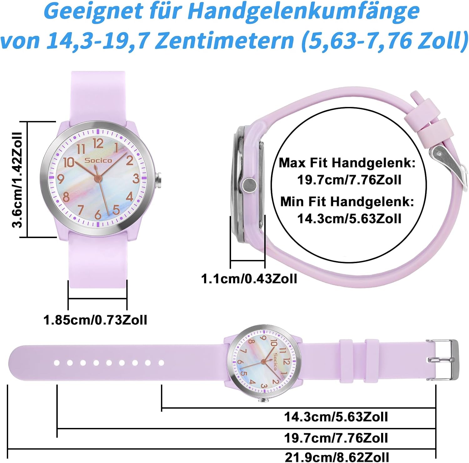 Detalle 2 de SOCICO Kinderuhr Analog Rainbow Lila – Wasserdicht bis 50 m, Japanisches Quarzwerk, leicht lesbares Zifferblatt (9–18 Jahre)