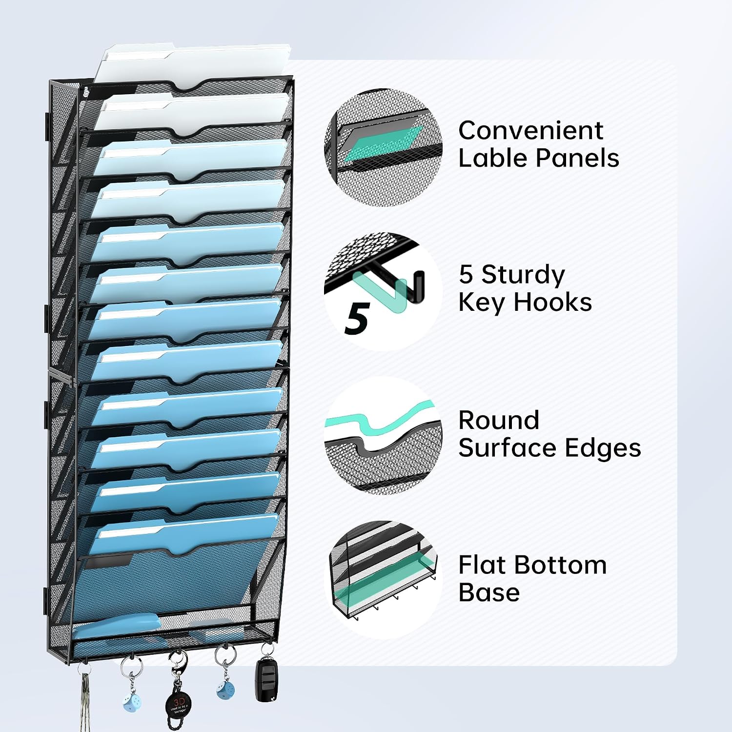 Detalle 1 de SUPEASY 13-Tier Black Hanging Wall File Organizer with Hooks, Metal Mesh