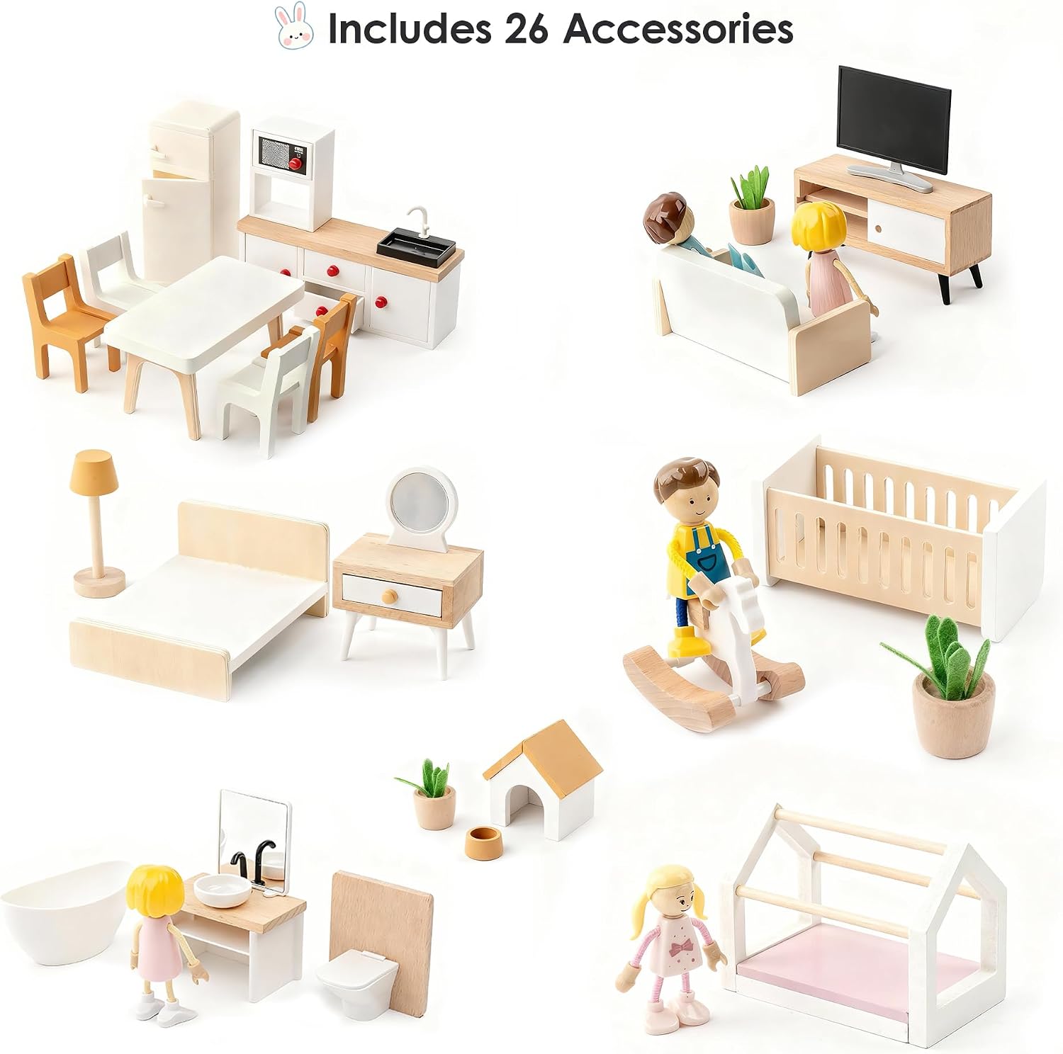Thumbnail 3 de Wooden Dollhouse for Kids: 6-Room Modern Open-Plan Playset with 26 Furniture Pieces