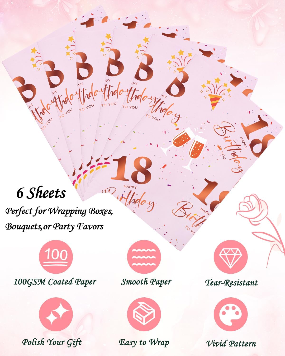 Thumbnail 3 de Vinuwu 6 Sheets 18th Birthday Wrapping Paper – Rose Gold Pink, 70x50cm