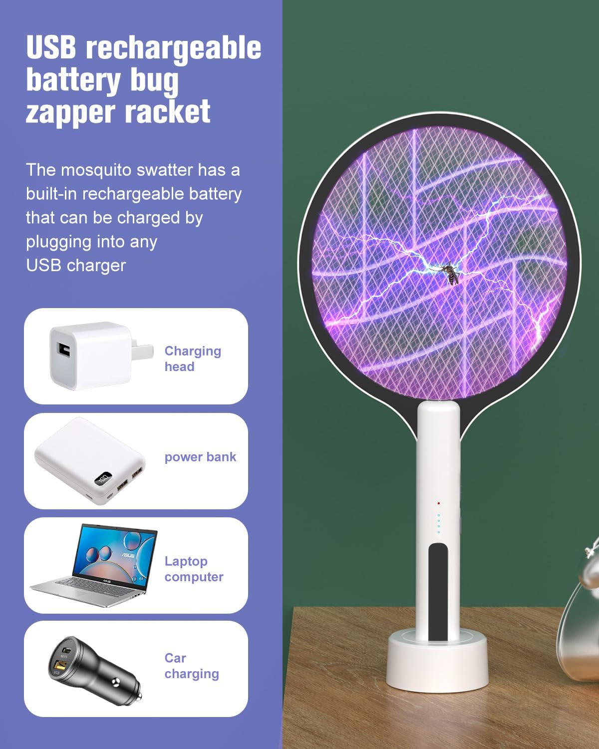 Detalle 2 de DEEZEE 2-Pack Electric Fly Swatter 4500V Bug Zapper Racket: 2-in-1, Rechargeable, Indoor/Outdoor