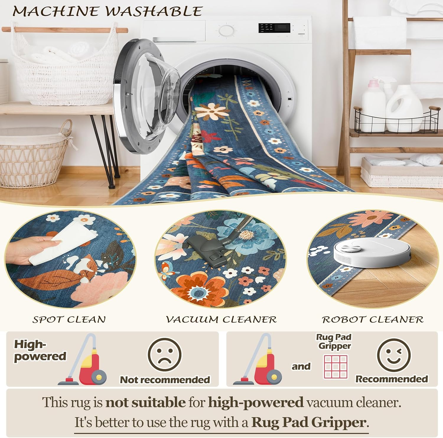 Thumbnail 5 de RELEANY Floral 5x7 Area Rug — Machine Washable, Non-Slip, Low-Pile Boho Floral