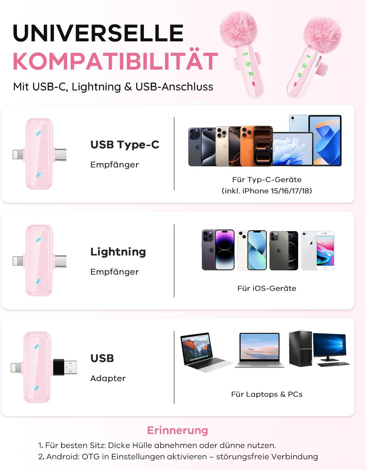 Detalle de Bayanbulu Kabelloses Lavalier-Mikrofon für iPhone, iPad und Android – Rosa