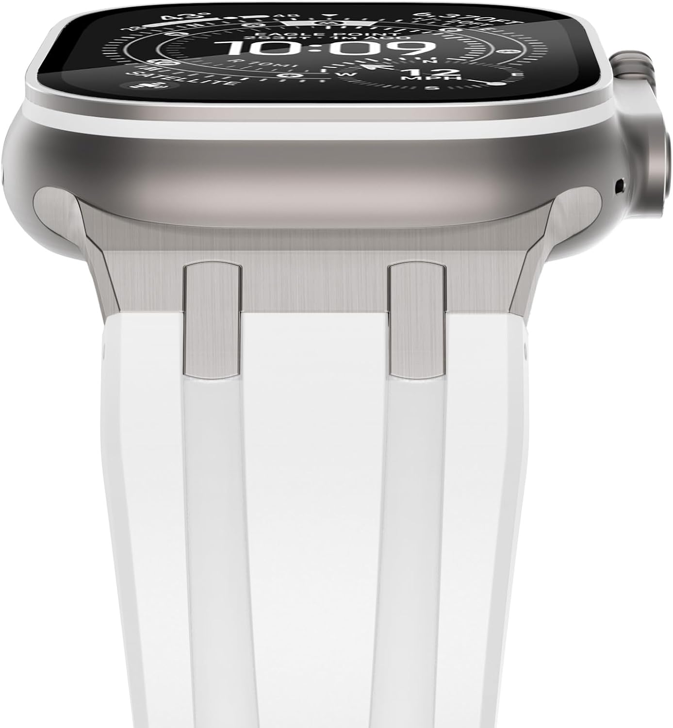 Detalle de NewWays silicone strap with stainless steel connectors (White/Titanium) for Apple Watch 42mm/41mm/40mm/38mm