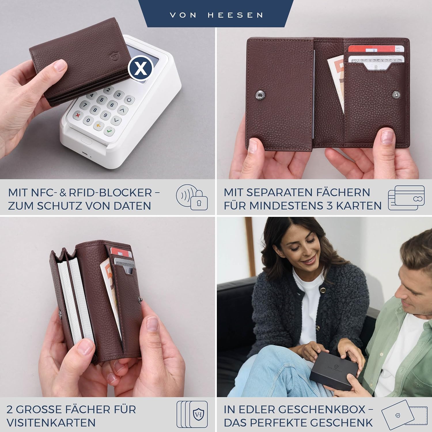 Detalle 2 de VON HEESEN Visitenkartenetui Leder mit RFID-Schutz – 50 Karten, 6 Fächer, Braun