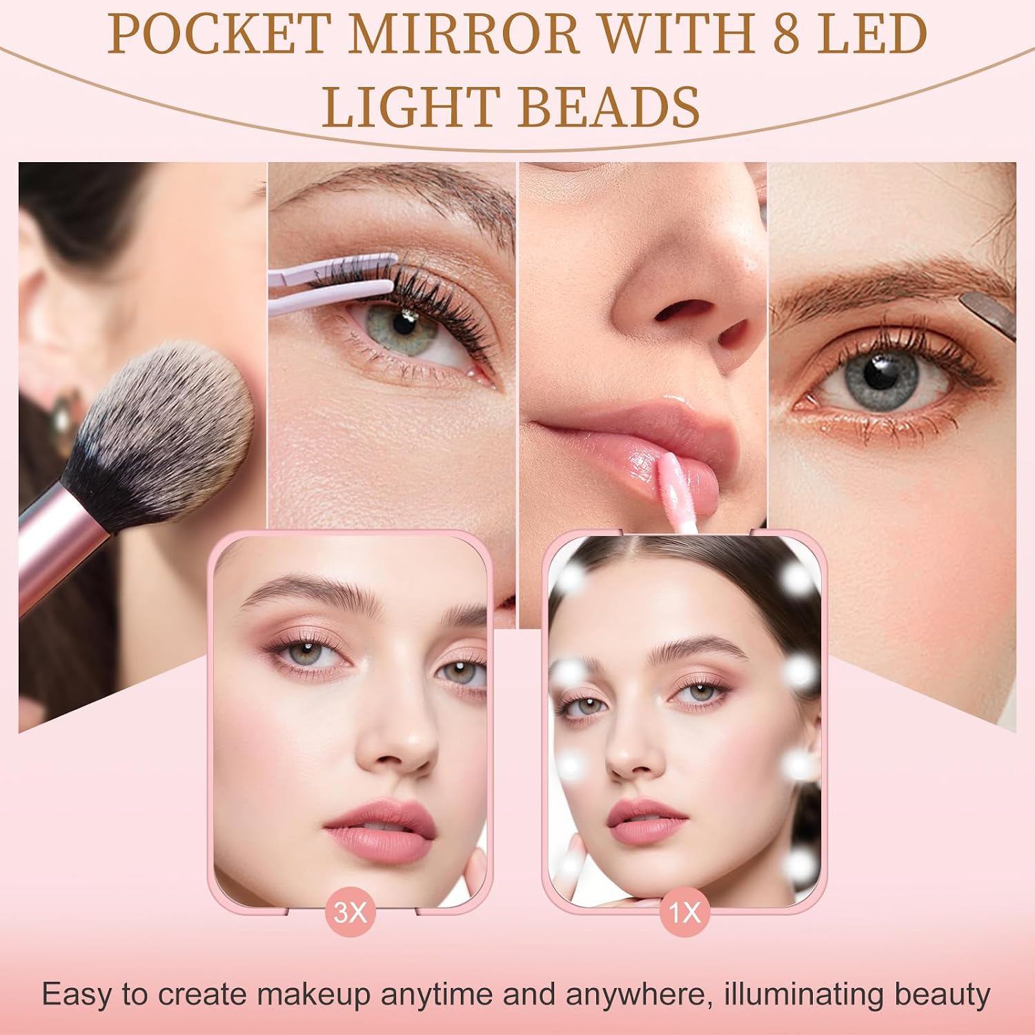 Detalle 2 de Kakuje Compact Mirror (Pink) — 1X/3X LED Pocket Mirror with Built-In Battery