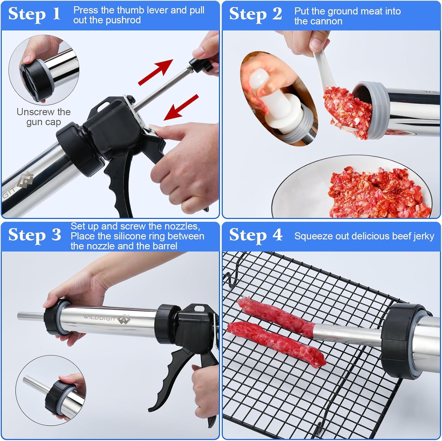 Detalle 2 de WILDDIGIT 3rd Gen Jerky Gun Kit (2.1 LB) with 5 Nozzles, Sausage Stuffer & Stainless Steel Jerky Maker