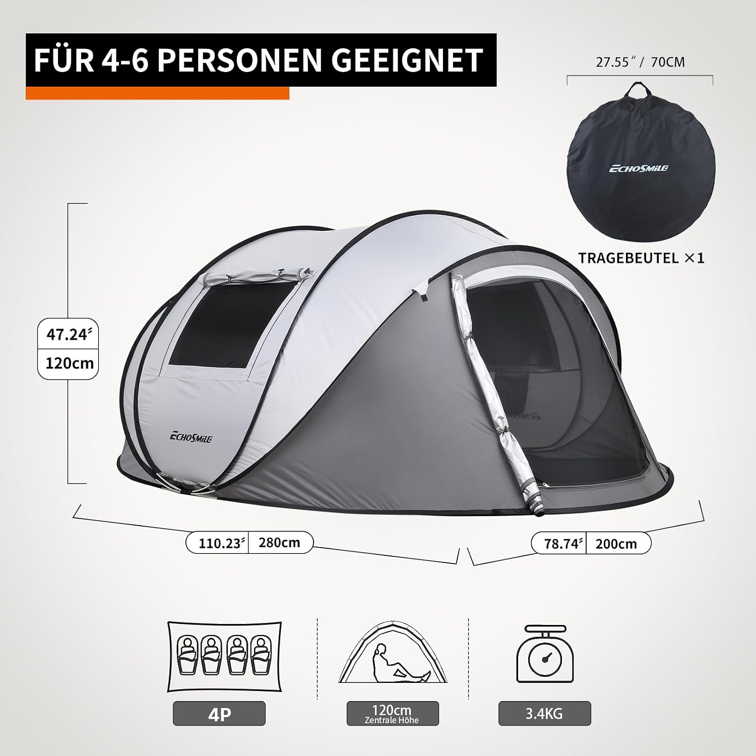 Detalle de EchoSmile Pop-up Zelt für 4–8 Personen – Wurfzelt wasserdicht mit 2 Belüftungsfenstern