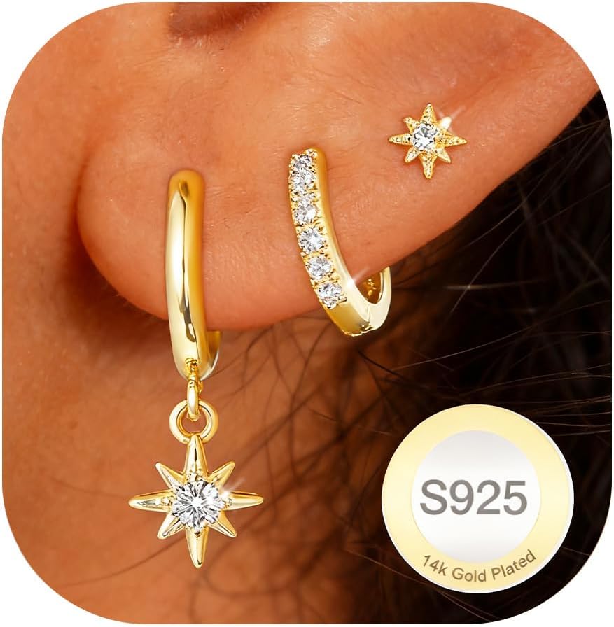 Detalle de DORANA 3-Pair Sterling Silver Huggie Hoop Earrings with Cubic Zirconia