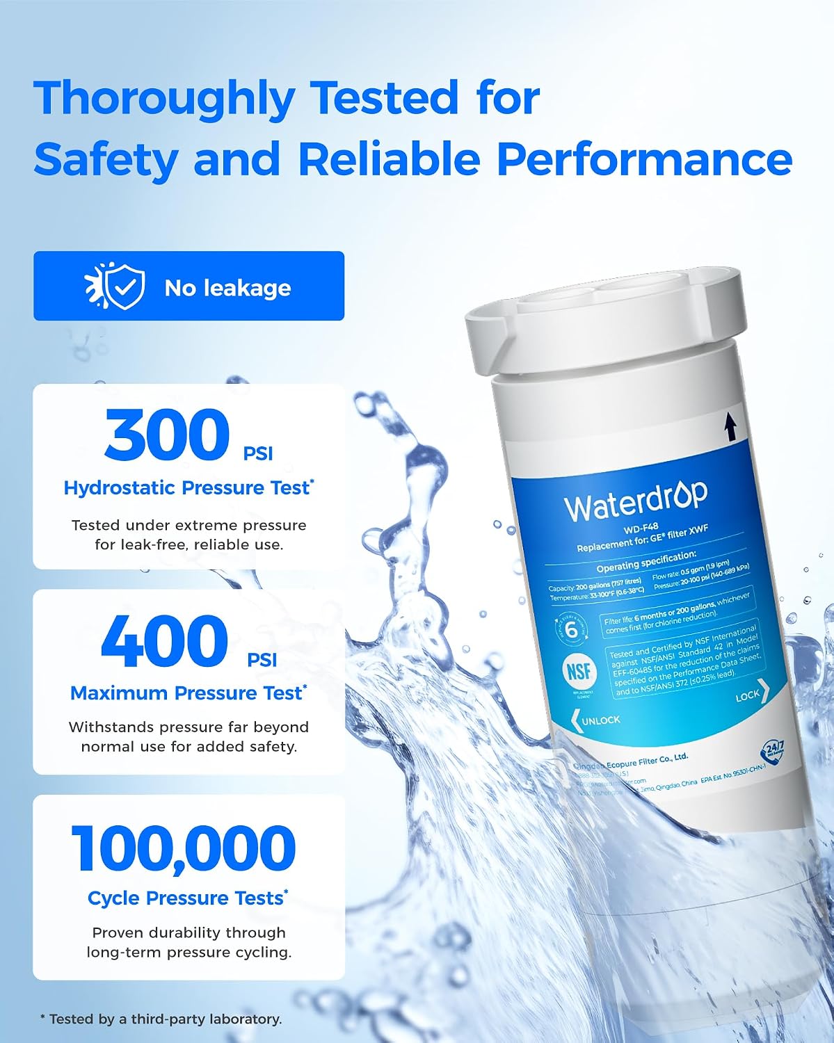 Detalle de Waterdrop WD-F48 XWF Refrigerator Water Filter, 3-Pack, No Chip