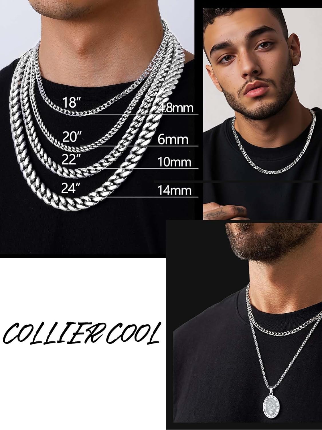 Thumbnail 3 de PROSTEEL Chaîne collier homme à maillons gourmette en acier inoxydable 316L / plaqué or noir – largeurs 4,8 à 14 mm