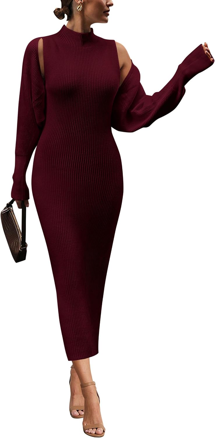 Detalle de PRETTYGARDEN Women’s Fall 2-Piece Knit Dress Set with Cropped Cardigan (Mock Neck Maxi)