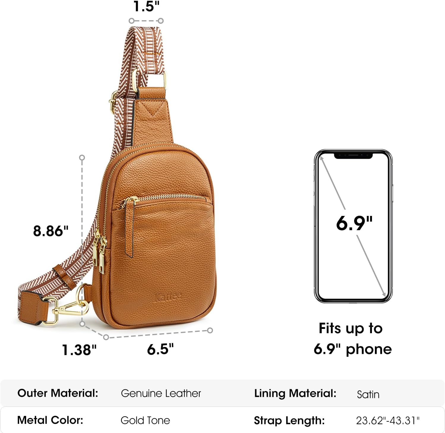 Detalle de Kattee Petit sac à bandoulière en cuir véritable pour femme – sac banane polyvalent