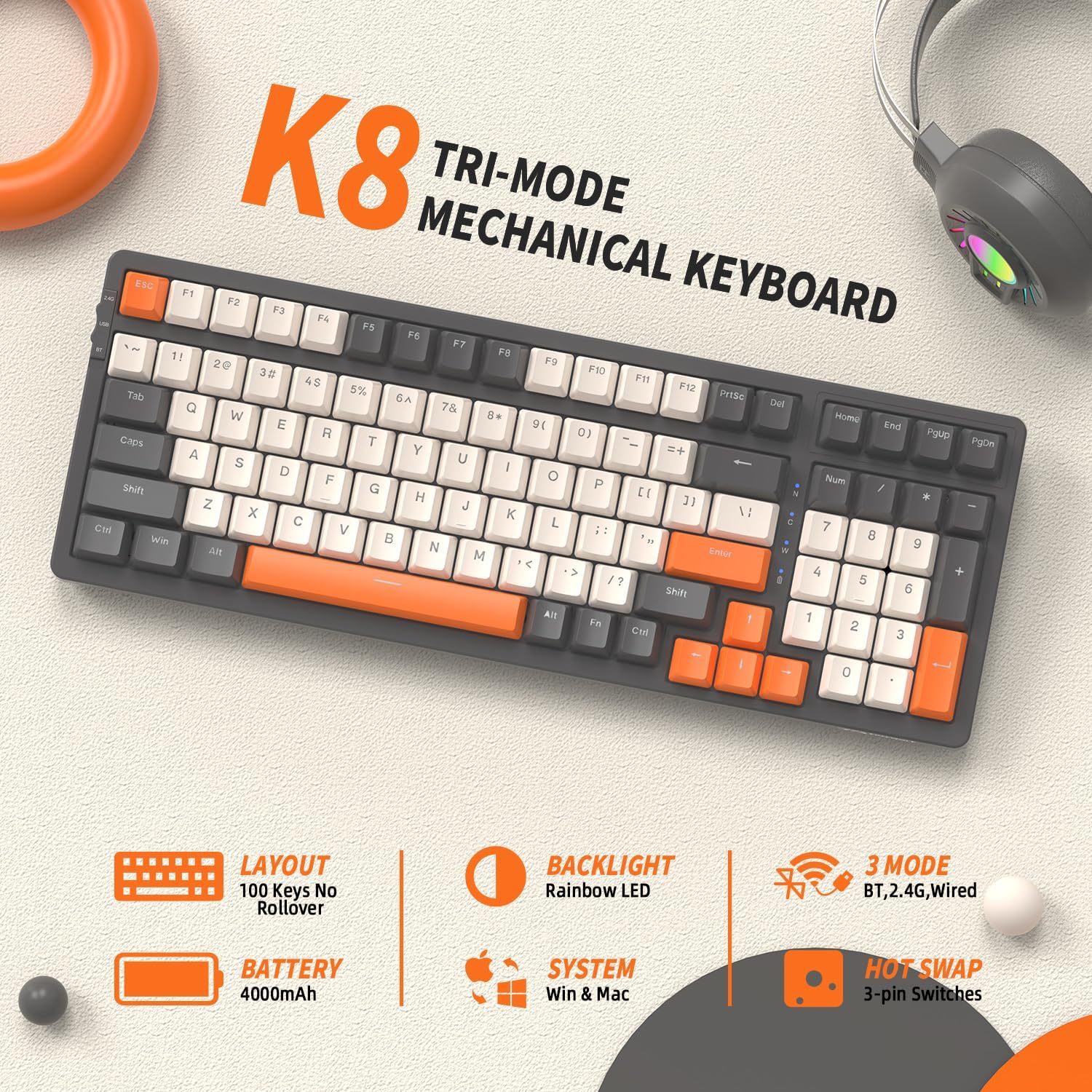 Detalle de FREEWOLF K8 tastiera gaming meccanica wireless