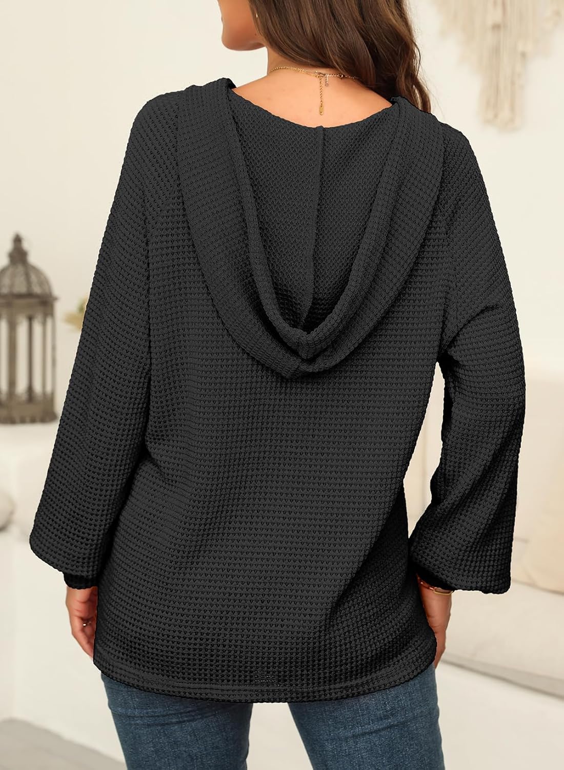 Thumbnail 4 de Dokotoo Damen Kapuzenpullover mit Knopfleiste & V-Ausschnitt – Gofre-Strick Hoodie