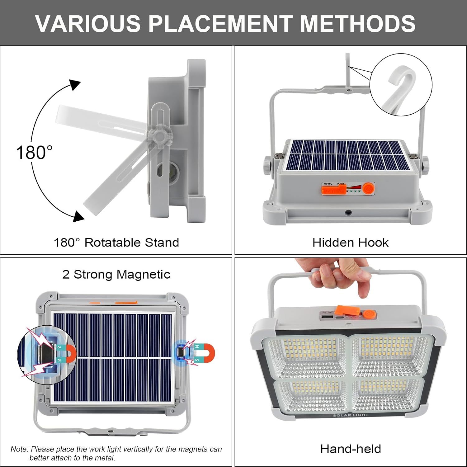 Detalle de Projecteur LED rechargeable JINABLOSSY 150W portable avec panneau solaire et 5 modes d’éclairage (IP65)