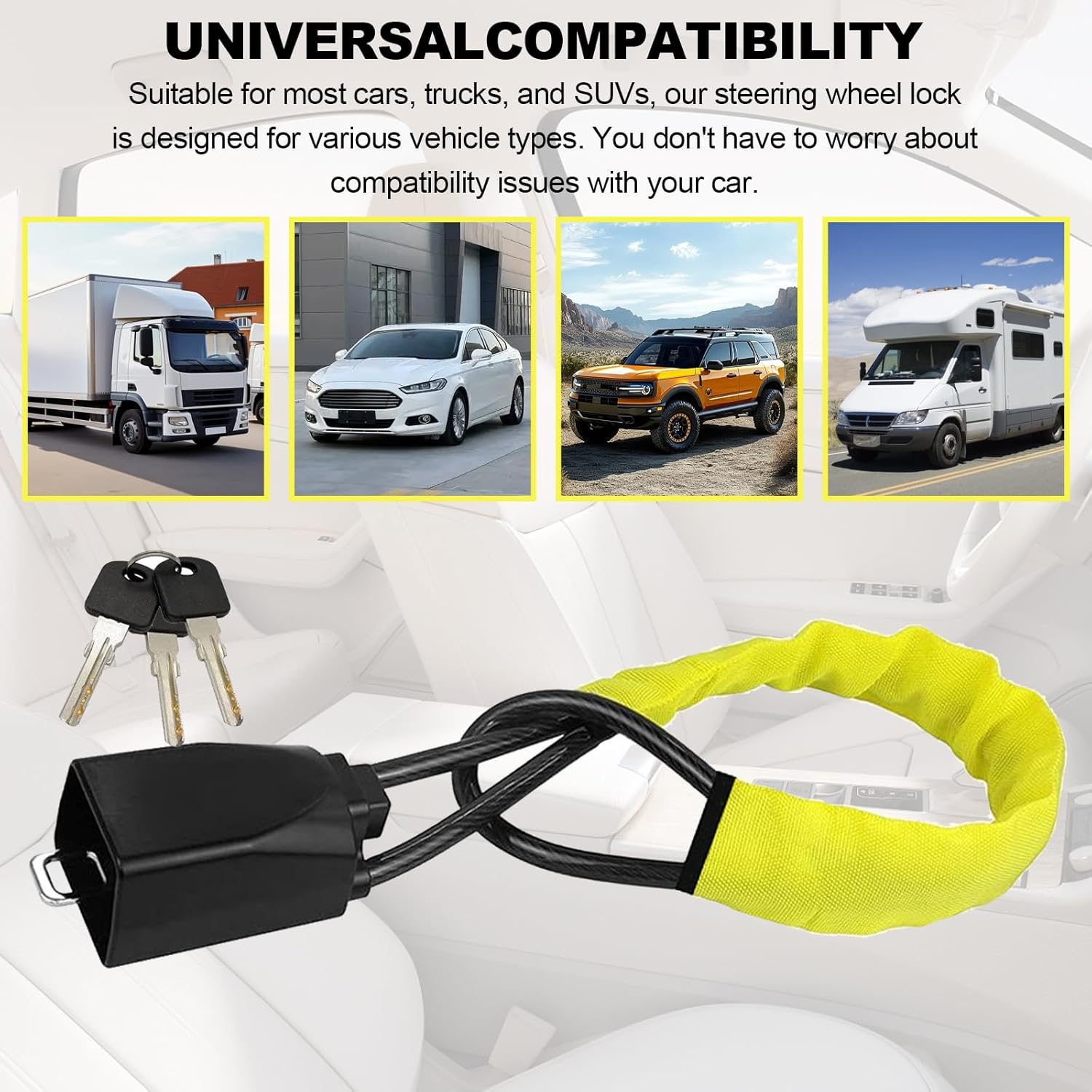 Thumbnail 6 de Universal Car Steering Wheel Lock with High-Visibility Seat Belt Lock — 3 Keys, Upgraded Aluminium Head, 17" Cable, Yellow