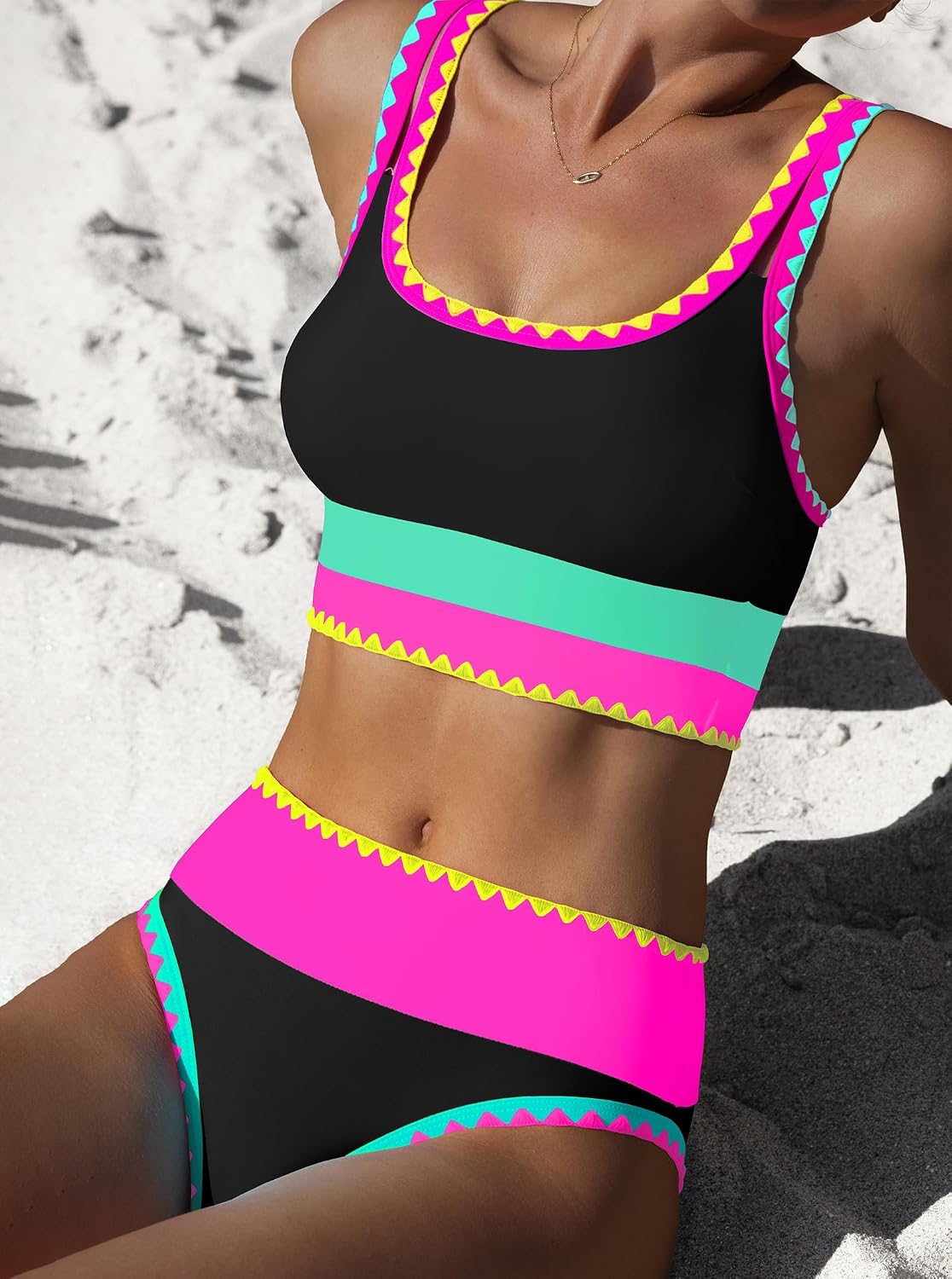 Detalle 2 de popvil High Waisted Bikini Sets for Women Tummy Control (3-Piece Neon Swimsuits with Skirt)