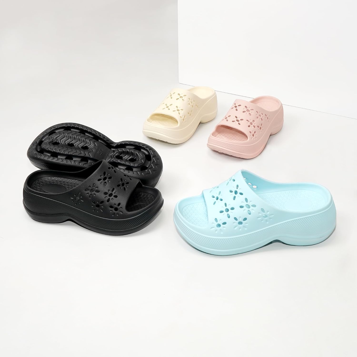 Detalle de JOMIX Claquettes Femme Antidérapantes à Semelle Épaisse en EVA, Sandales Florales Plateforme 6,3 cm