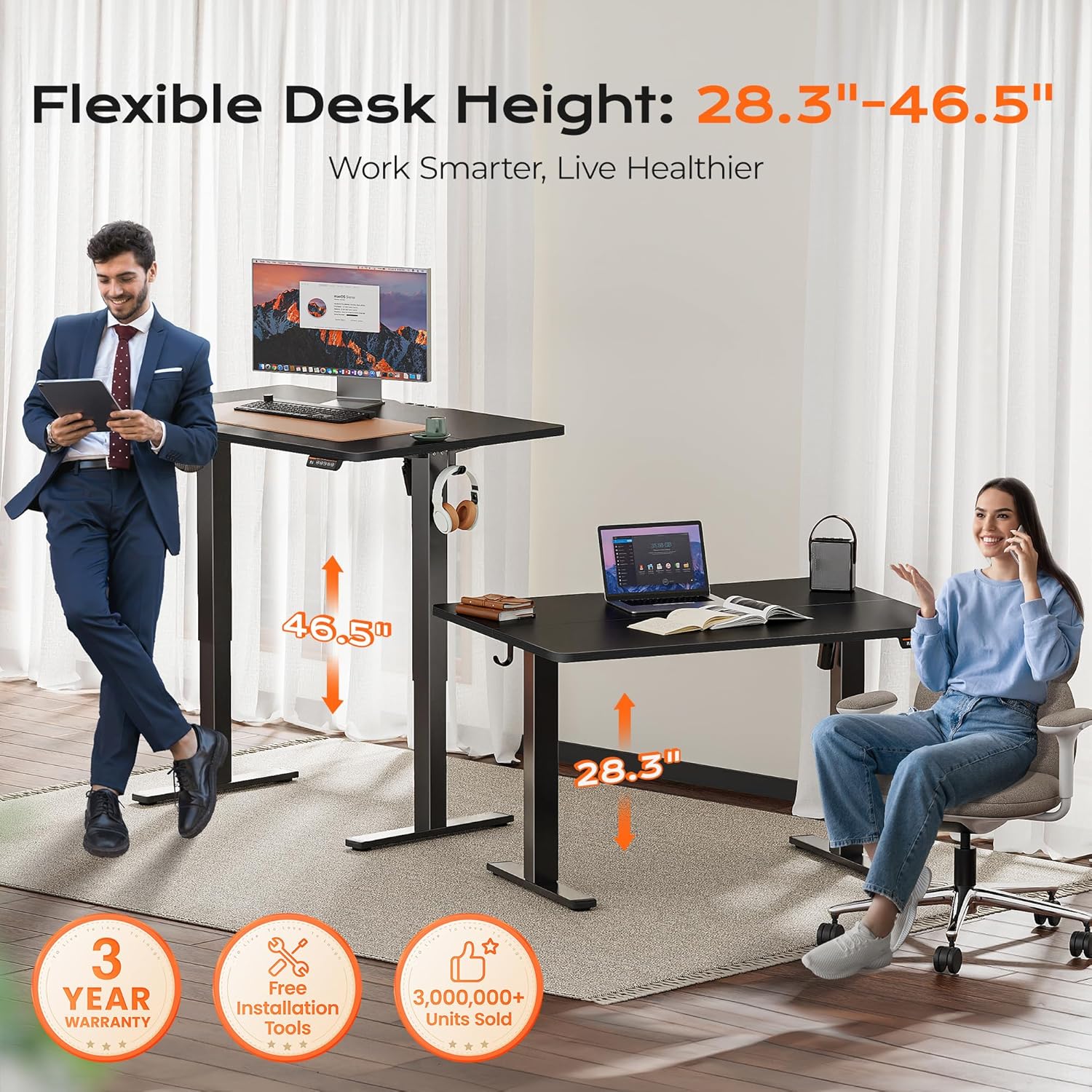 Detalle de Huuger 55 x 27.6 Large Electric Standing Desk with 4 Outlets, USB-C & Height Presets – Rustic Brown