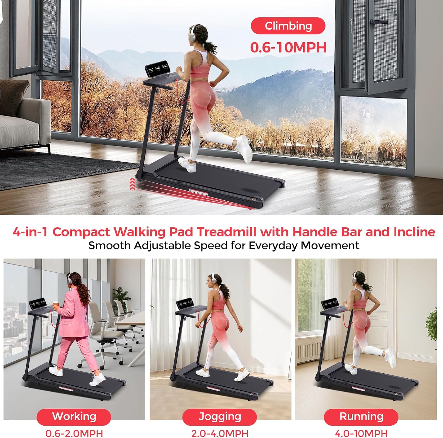Detalle de Kassadin 380AM-61L Folding Walking Pad Treadmill with Handle Bar, 3.5HP