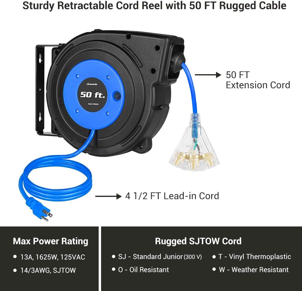 Detalle de DEWENWILS DL-610 50-Foot Retractable Cord Reel with 3 Outlets