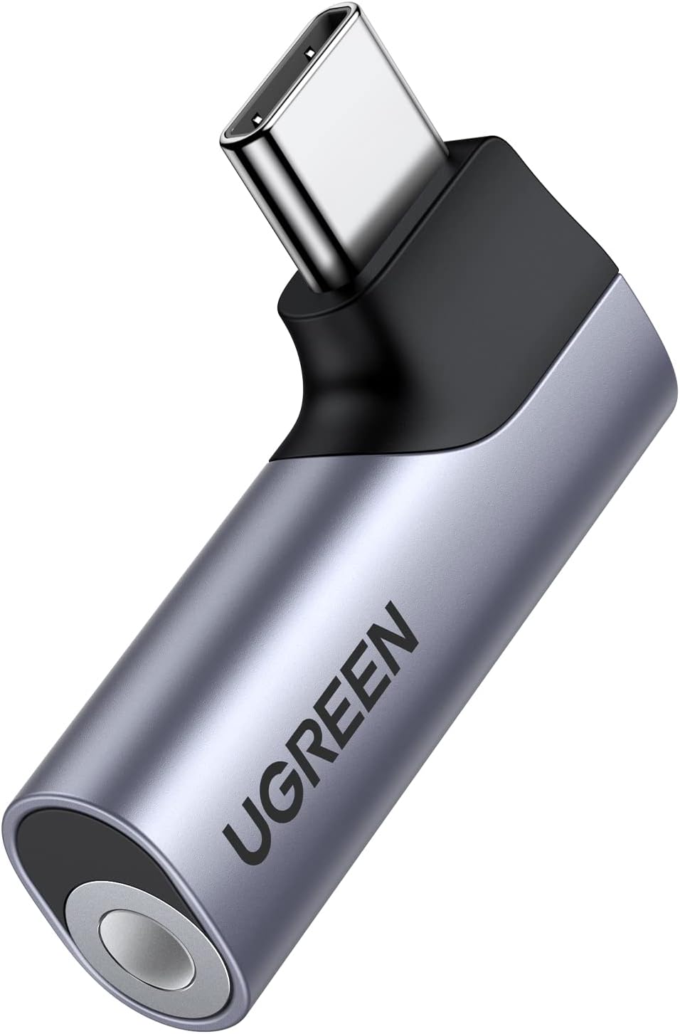 Detalle de UGREEN CM460 USB-C-naar-3,5mm-adapter met DAC, aluminium en grijze afwerking