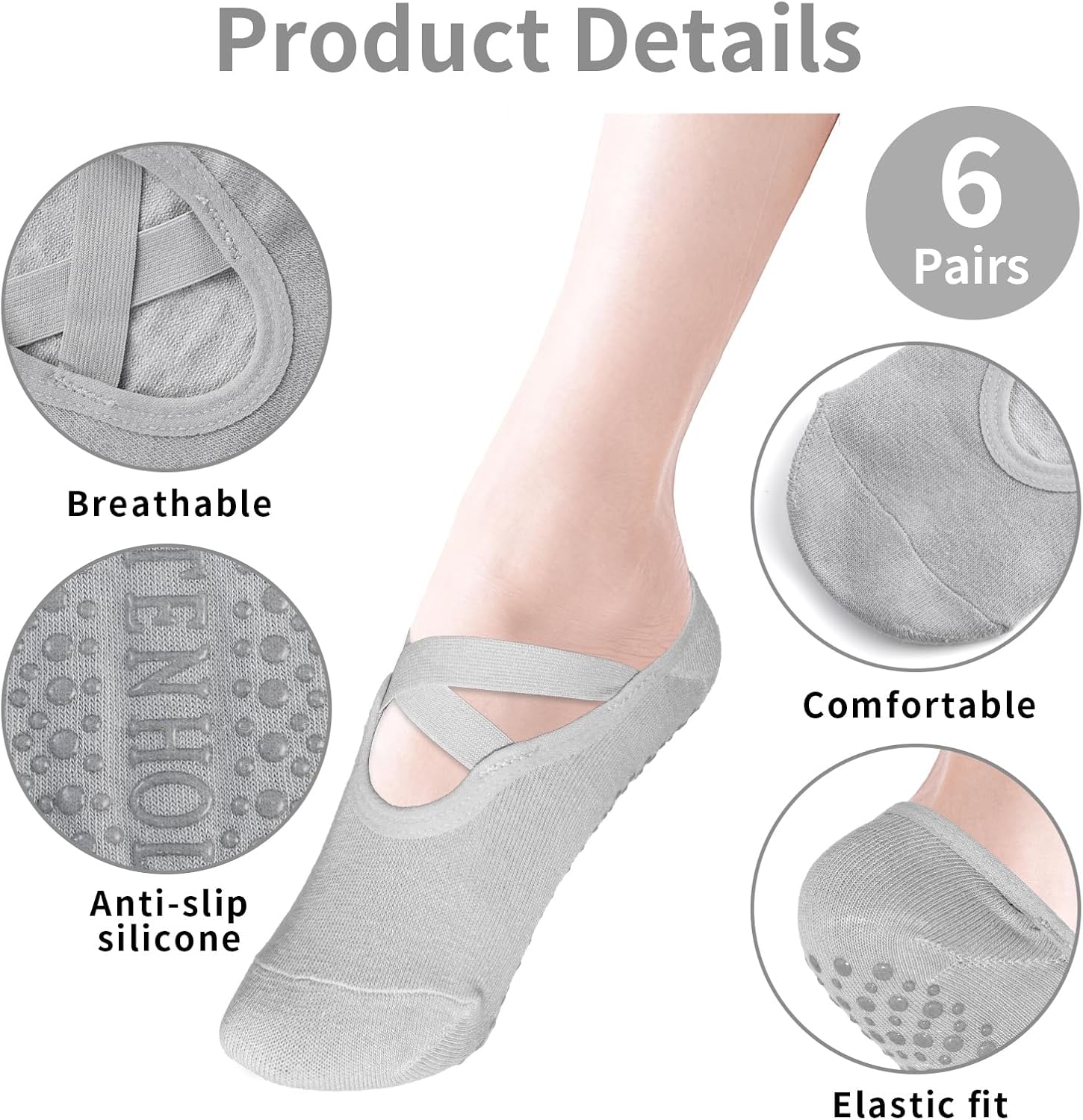 Thumbnail 2 de FICOFISE 6 Paar Rutschfeste Yoga Socken – Anti-Rutsch-Sohlen, atmungsaktiv, Kreuzgurten, Damen EU 34-40 (6 Farben)