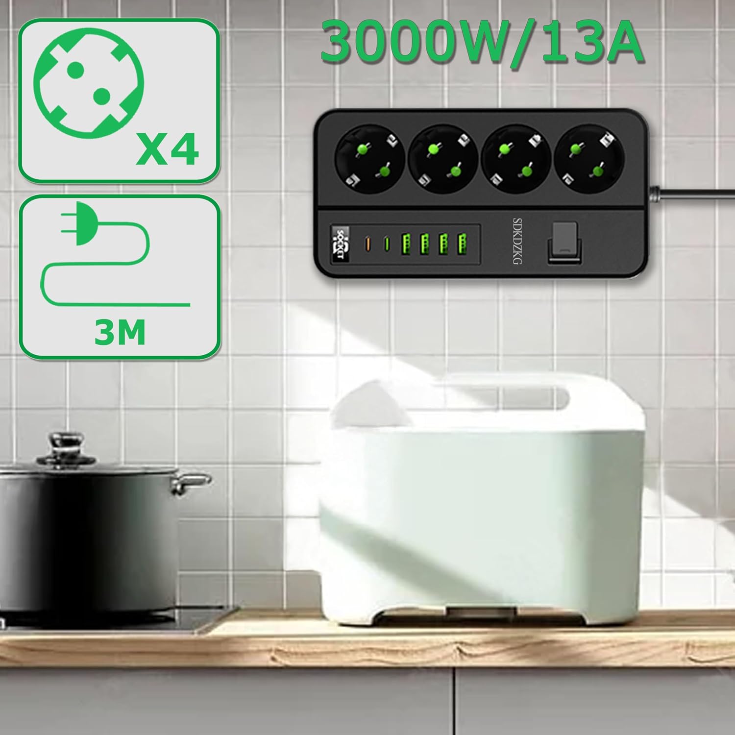 Detalle 2 de SDKDZKG SDK-G13 grenuttag med 4 uttag, 6 USB-portar och 3 m kabel