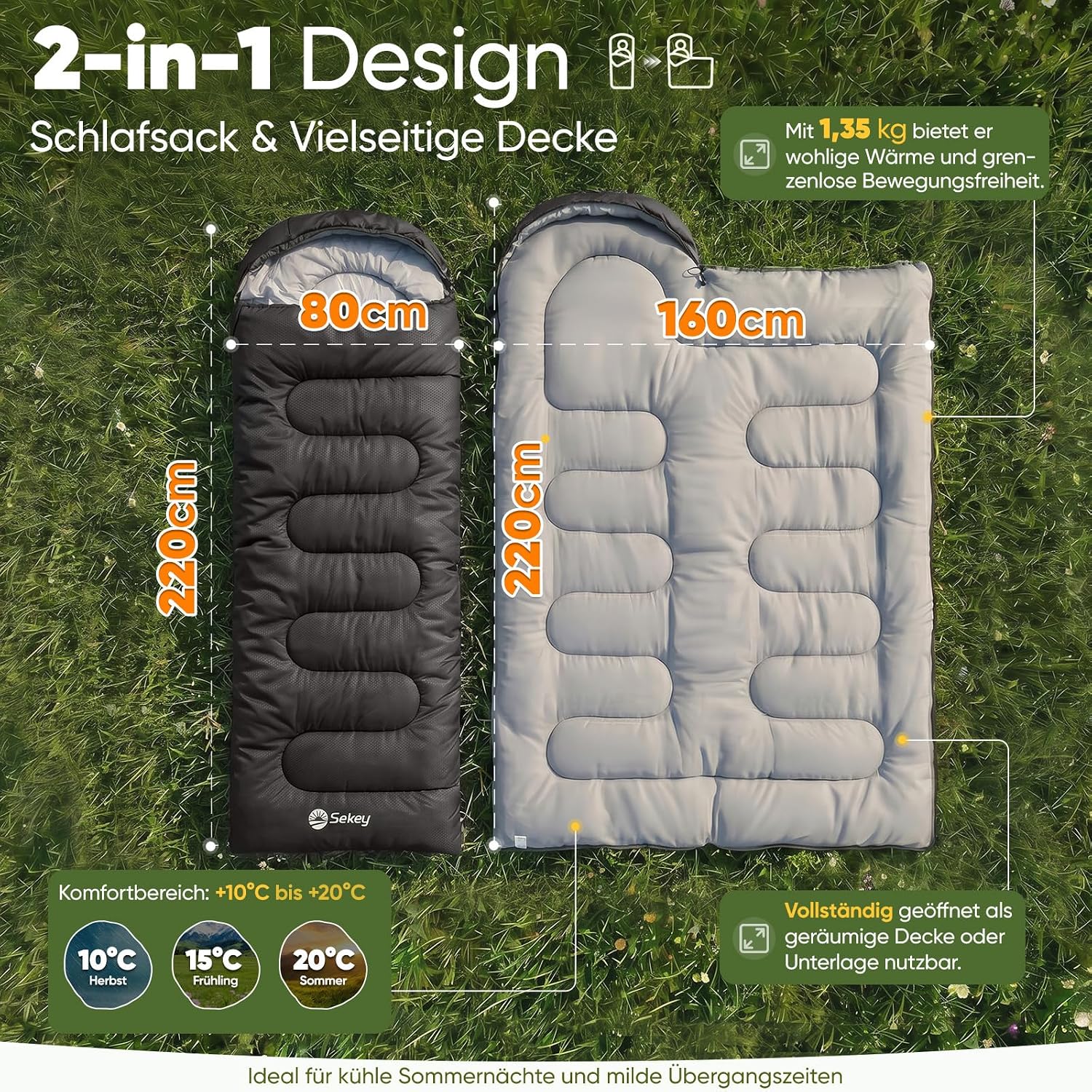 Detalle 2 de Sekey Schlafsack 220 x 80 cm – 3-Jahreszeiten-Decke (2-in-1) mit Fußbelüftung