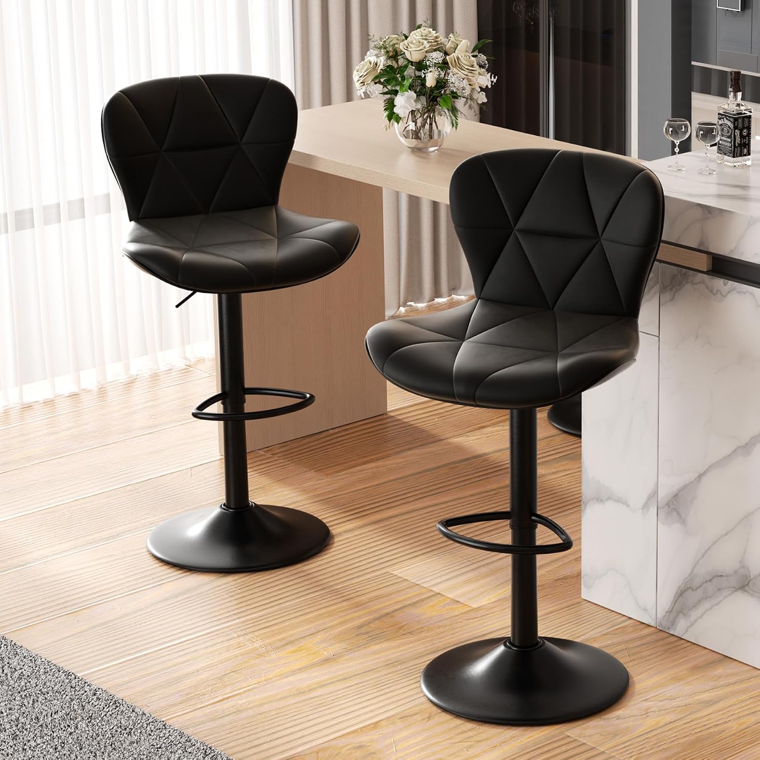 Detalle de Nalupatio Modern Bar Stools Set of 2, Adjustable Faux Leather Swivel, Black
