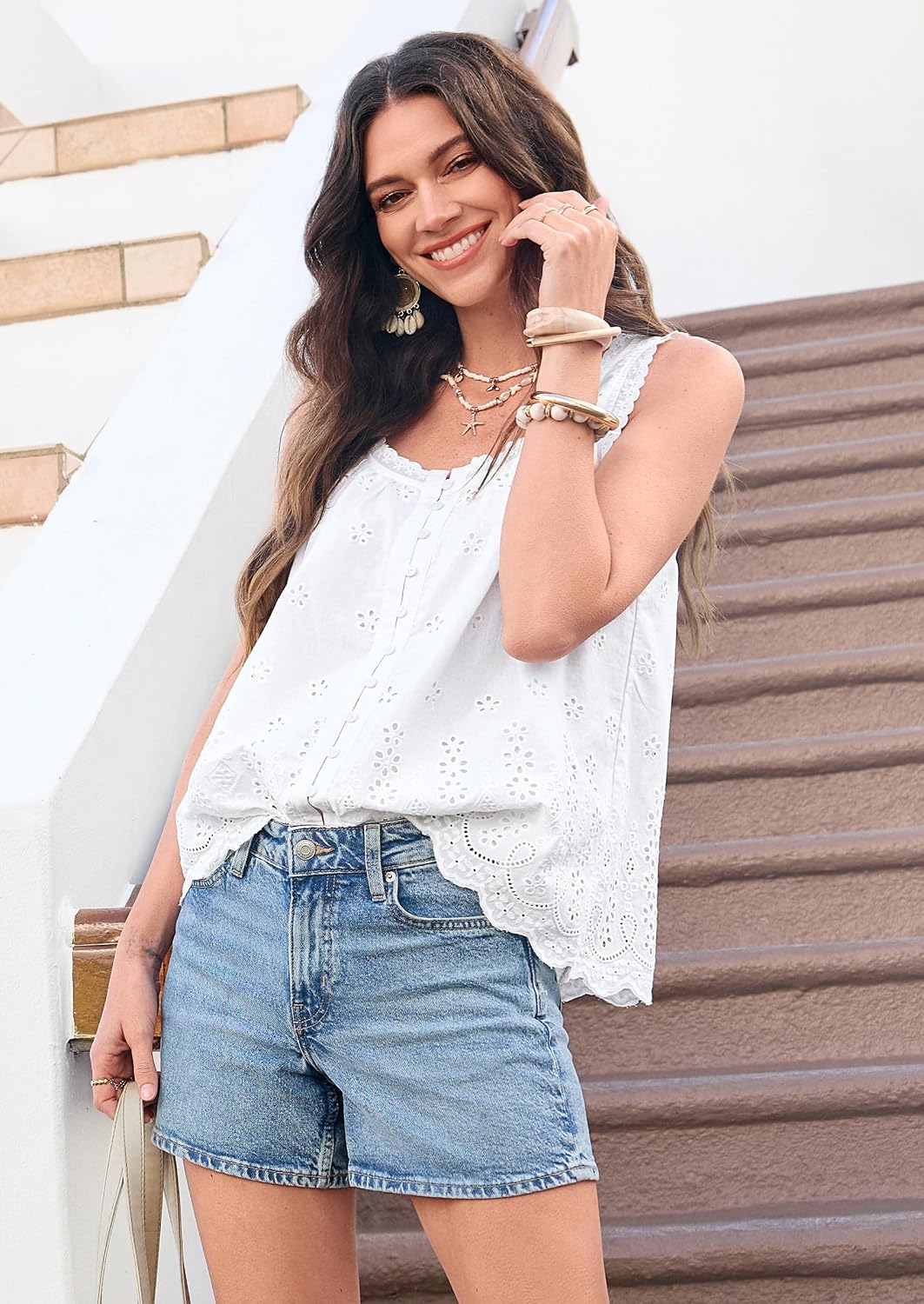 Thumbnail 2 de PRETTYGARDEN Women's Tank Tops 2026 Summer: Eyelet Embroidered Button-Down Blouse